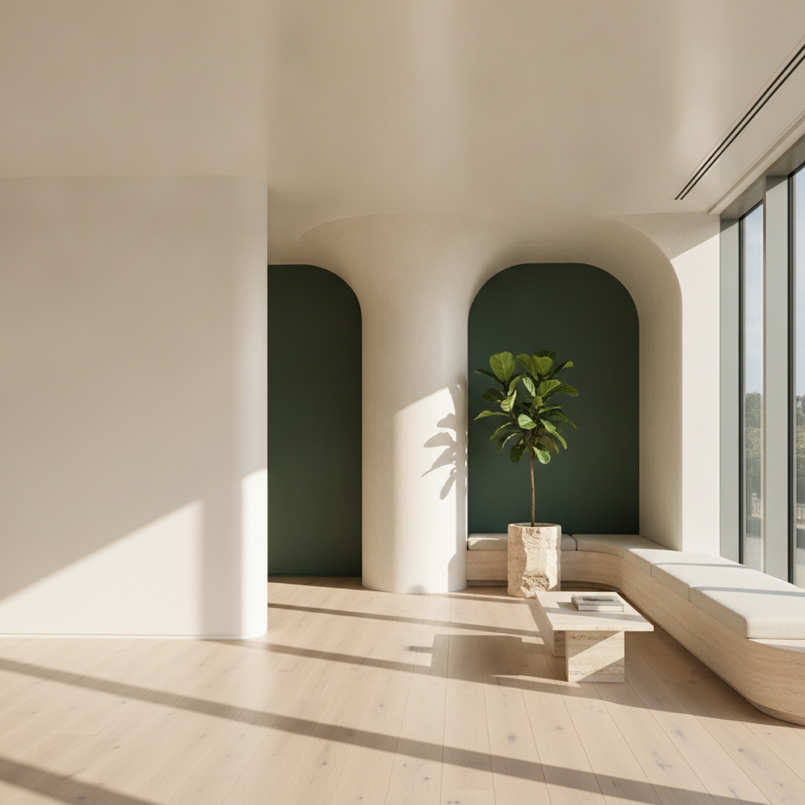 Calm, light-filled treatment lounge with pale oak floors and a deep green alcove