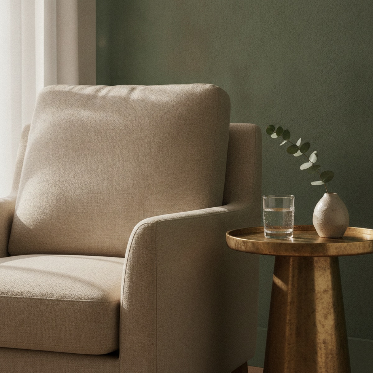 A linen lounge chair beside a brass side table with eucalyptus and water, against a deep green wall